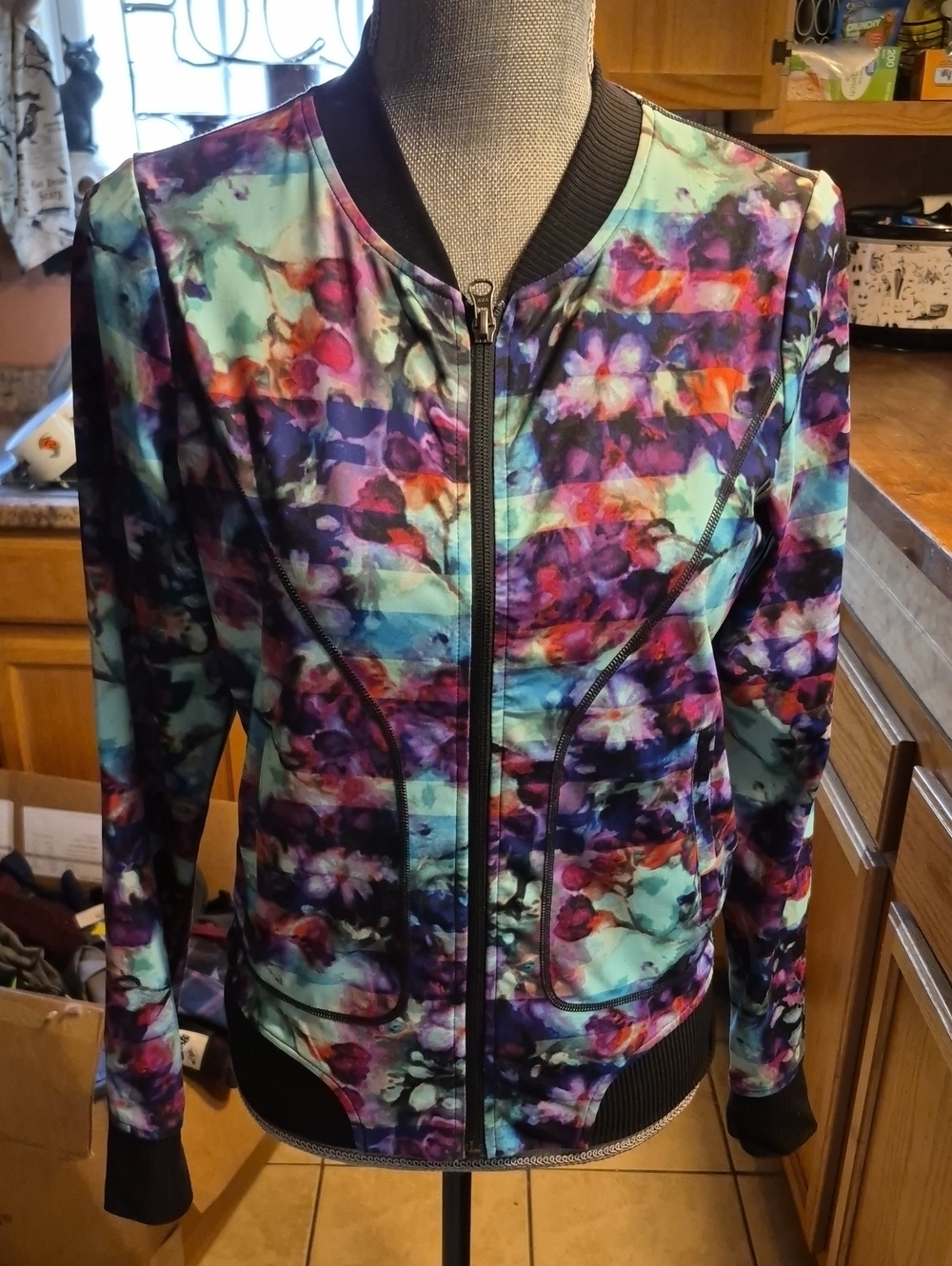 Athleta Floral-Print Bomber Jacket in Teal & Purple